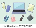 Set of Electronics and gadgets vector illustrations, electricals icons, phone, laptop, tablet, watch, earphones, flash drive, and powerbank