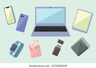 Set of Electronics and gadgets vector illustrations, electricals icons, phone, laptop, tablet, watch, earphones, flash drive, and powerbank