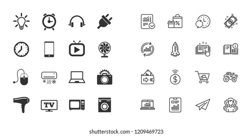 Set of Electronics, Home appliances and Devices icons. Hairdryer, Photo camera and Notebook signs. Air conditioning, Washing machine and Microwave oven symbols. Vector