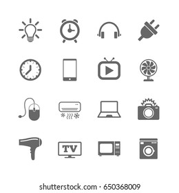 Set of Electronics, Home appliances and Devices icons. Hairdryer, Photo camera and Notebook signs. Air conditioning, Washing machine and Microwave oven symbols. Vector