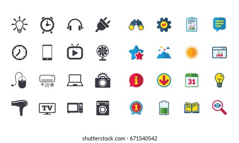 Set of Electronics, Home appliances and Devices icons. Hairdryer, Photo camera and Notebook signs. Air conditioning, Washing machine and Microwave oven symbols. Vector
