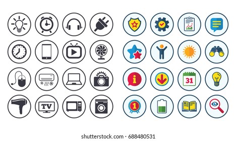 Set of Electronics, Home appliances and Devices icons. Hairdryer, Photo camera and Notebook signs. Air conditioning, Washing machine and Microwave oven symbols. Calendar, Report and Book signs