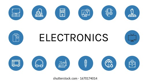 Conjunto de iconos electrónicos. Tales como Televisión, Limpiador de vacío, Torre de computación, Bombilla, Auriculares, Palos de goma, Microondas, Hierro, Cartucho, Calentador de agua, Plancha , Iconos electrónicos