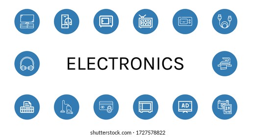 Set of electronics icons. Such as Television, Headphone, Microwave, Data cable, Keyboard, Vacuum cleaner, Secure payment, Tv, Wedding photo, Headphones, Iron , electronics icons