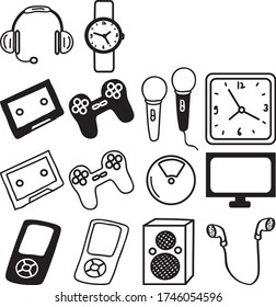 A Set of electronics Icons suitable for business, industrial, outdoor, technology, food and sport content with doodle cartoon style