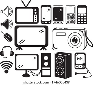 A Set of electronics Icons suitable for business, industrial, outdoor, technology, food and sport content with doodle cartoon style