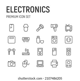Set of electronics line icons. Premium pack of signs in trendy style. Pixel perfect objects for UI, apps and web.