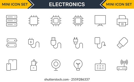 Set of Electronics outline icons. Vector illustration include icon - hardware, keyboard, disk, hvac, kitchen appliances, headphones, router, chip, computer outline pictogram for home devices.