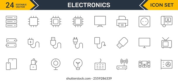 Set of Electronics outline icons. Vector illustration include icon - hardware, keyboard, disk, hvac, kitchen appliances, headphones, router, chip, computer outline pictogram for home devices.