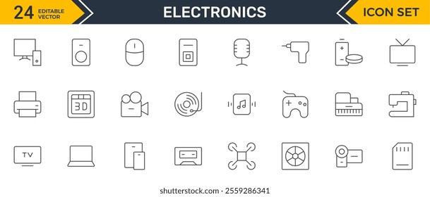 Set of Electronics outline icons. Vector illustration include icon - hardware, keyboard, disk, hvac, kitchen appliances, headphones, router, chip, computer outline pictogram for home devices.