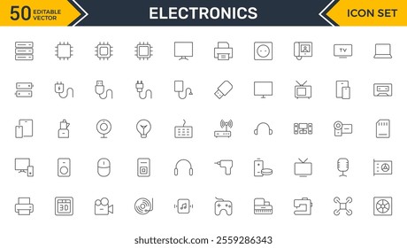 Set of Electronics outline icons. Vector illustration include icon - hardware, keyboard, disk, hvac, kitchen appliances, headphones, router, chip, computer outline pictogram for home devices.