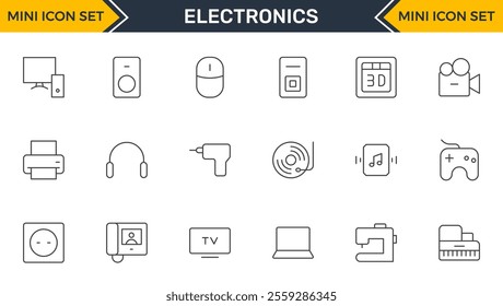 Set of Electronics outline icons. Vector illustration include icon - hardware, keyboard, disk, hvac, kitchen appliances, headphones, router, chip, computer outline pictogram for home devices.