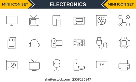 Set of Electronics outline icons. Vector illustration include icon - hardware, keyboard, disk, hvac, kitchen appliances, headphones, router, chip, computer outline pictogram for home devices.