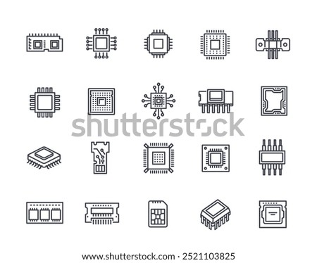 Set of Electronics Related line Icon. Simple symbols with microchip, processor and circuit. Different electronic modules. Editable stroke. Outline vector illustration collection isolated on background