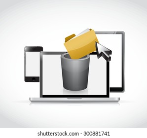 set of electronics and trash bin for content, illustration design graphic