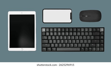 Set of electronics for work. Modern technologies including tablet, keyboard, mouse, and smartphone isolated. Realistic vector object collage.