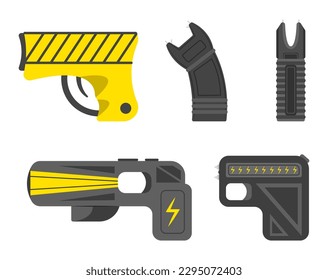 Set of electroshock weapons in a cartoon style. Vector illustration of various stun guns isolated on white background. Taser. Electric gun. Weapons of self-defense. Police weapon.