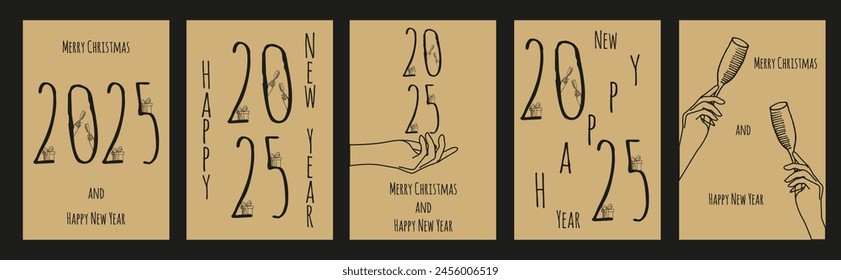 Set of Elegance Christmas Greeting Card Cover. Elegant Christmas poster in trendy Hand Drawn style. Minimal Doodle vector aesthetic can used web and social media banner poster brochure cover. EPS 10