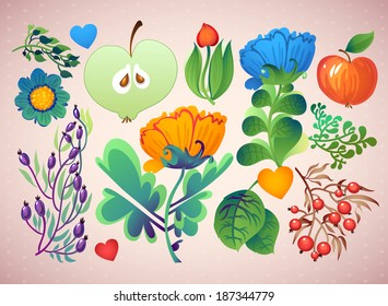 Set of elegance flowers , vector collection set of vector elements. Bright illustration, elements for wedding, birthday and other holiday and cute summer background.