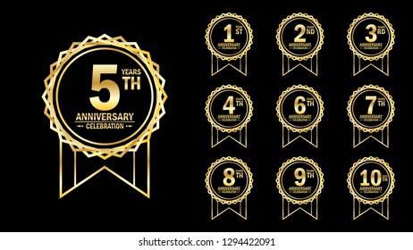 set of elegance golden anniversary celebration emblem 1st-10th. anniversary logo template design for web, game ,creative poster, booklet, leaflet, flyer, magazine, greeting card and invitation card