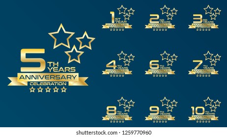set of elegance golden and star anniversary celebration emblem ,anniversary logo template design for web, game ,creative poster, booklet, leaflet, flyer, magazine, greeting card and invitation card