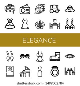 Set of elegance icons such as Carnival mask, Dress, Radio, Artificial heart, Crown, Carriage, Reservation, Pamela, Earrings, Door, Glasses, Grand piano, Snow boots , elegance