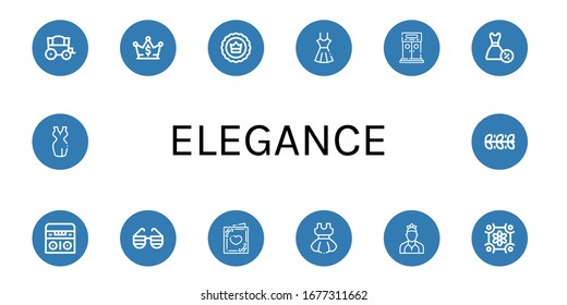 Conjunto de iconos de elegancia. Tales como Carriaje, Corona, Vestido, Entrada, Radio, Lentes de Sol, Tarjeta de Boda, Bailarín, Diseño Floral, Hojas , iconos de elegancia