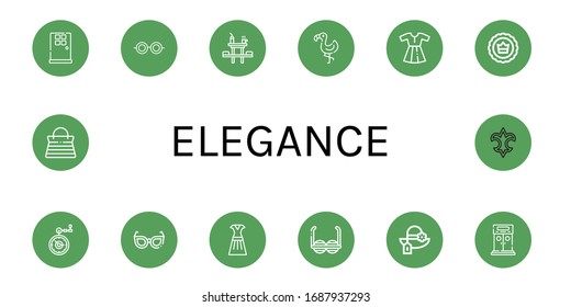 Conjunto de iconos de elegancia. Tales como Puertas, Lentes, Mesa de Cena, Flamingo, Vestido, Corona, Reloj de bolsillo, Lentes de sol, Pamela, Entrada, Bolso de mano, Flor de lis , iconos de elegancia