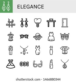 Set of elegance icons such as Earrings, Dinner table, Crown, Door, Dress, Glasses, Pamela hat, Ballet, Tuxedo, Necklace, Leaves, Sunglasses, Lipstick , elegance