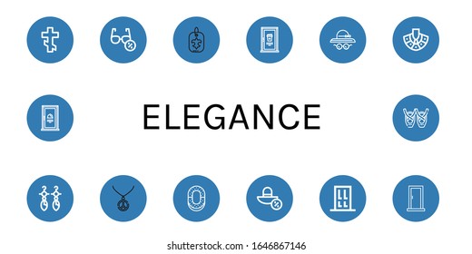 Set of elegance icons. Such as Orthodox cross, Sunglasses, Fleur de lis, Door, Pamela hat, Necklace, Earrings, Ring, Sun hat, Ballet , elegance icons