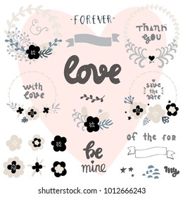 Set elegance trendy hand sketched wedding elements set. Collection floral doodles, branches, flowers,lettering, banners and frames. Ideal for Save the Date cards, Wedding invitations, St. valentine an