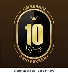 A set of elegant 10th anniversary celebration logos in a luxurious gold and black color scheme. 