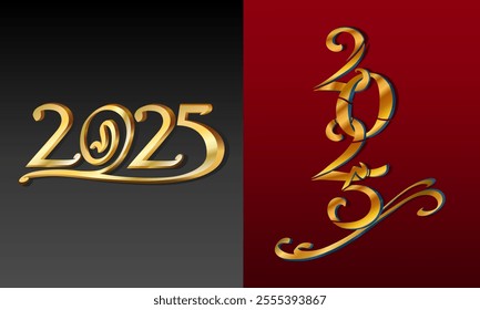 Set elegant 2025 gold logo text design. Number swirl three-dimensional sparkle design graphic. Collection New Year icon symbols. Vector illustration with hand-drawn style on black and red background.