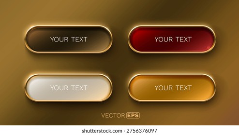 Set of elegant 3D buttons with glossy golden frames in various colors for web design. Vector illustration