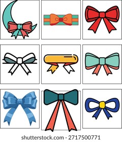 Set of elegant 3D-style blue bows and golden ribbon banners in a flat outline style. Featuring decorative gift knots, a crescent moon backdrop, and premium labels for luxury packaging, certificates, and festive invitations