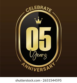 A set of elegant 5th anniversary celebration logos in a luxurious gold and black color scheme. 