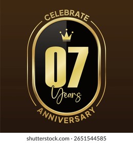 A set of elegant 7th anniversary celebration logos in a luxurious gold and black color scheme. 