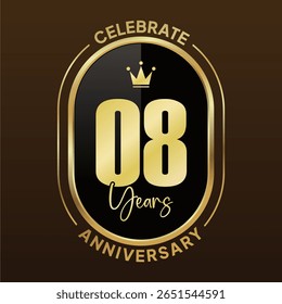A set of elegant 8th anniversary celebration logos in a luxurious gold and black color scheme. 