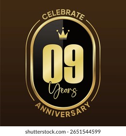 A set of elegant 9th anniversary celebration logos in a luxurious gold and black color scheme. 