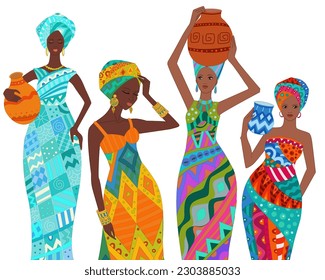 Set of elegant african girls in traditional fashion clothes holding vases. collection of africa women in colorful dresses. cartoon vector illustration