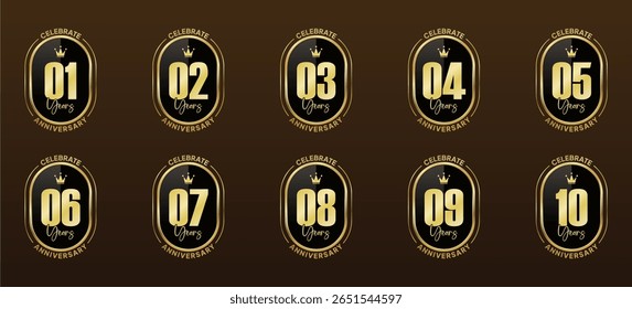 A set of elegant anniversary celebration logos in a luxurious gold and black color scheme. 