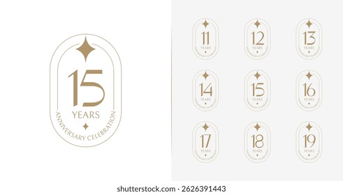 Set of elegant anniversary logo collections. Birthday symbol with badge and sparkle concept. Minimal number vector illustration