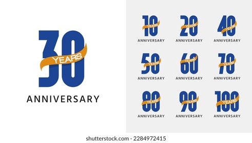 Set of elegant anniversary logo design. 10, 20, 30, 40, 50, 60, 70, 80, 90, 100, birthday symbol with ribbon icon. Celebration template collection