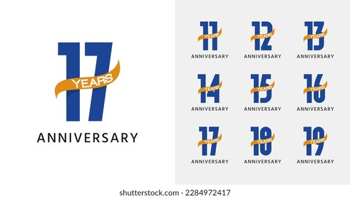 Set of elegant anniversary logo design. 11, 12, 13, 14, 15, 16, 17, 18, 19, birthday symbol with ribbon icon. Celebration template collection