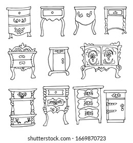 Conjunto de elegantes cofres antiguos de cajones y mesas de noche dibujadas al estilo de los esbozos. Aislado sobre un fondo blanco. Colección de muebles vintage dibujada por vectores.