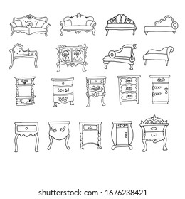 Set of elegant antique chests of drawers and tables of sofas and couches, made in the style of a sketch. Isolated on a white background. Vector drawn Retro Collection of vintage furniture.