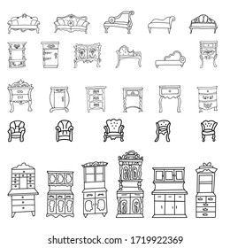 Un juego de elegantes cajones antiguos, mesas, armarios, sofás, sofás, sillones, todo ello en forma de boceto. El Doodle está aislado. Colección de muebles vintage dibujada por vectores 