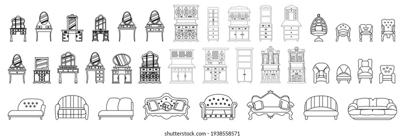 elegante antike Beistelltische, Sofas, Sessel, Bankette, Schränke im Stil einer Skizze. Einzeln auf weißem Hintergrund. Vektorsymbole Sammlung von Vintage-Möbeln.