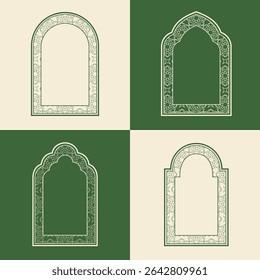 Set elegant Arabic ornamental window frame vector, arabesque geometric shapes and intricate patterns
