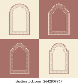 Set elegant Arabic ornamental window frame vector, arabesque geometric shapes and intricate patterns